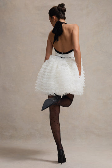 Eclair Black & White Plunge-Neck Mini Dress With Tulle Skirt